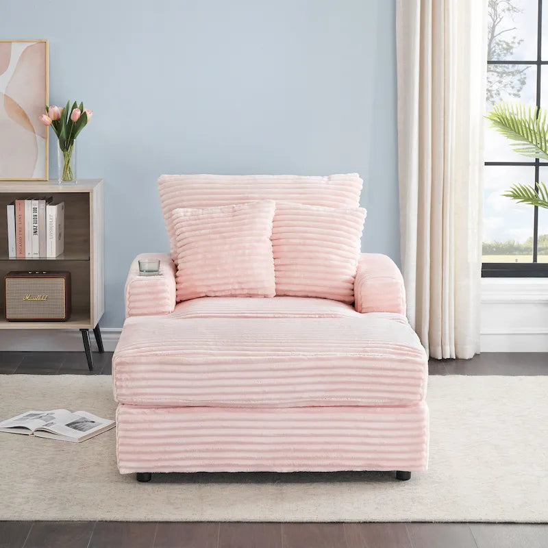 Fauteuil inclinable haut dossier en velours côtelé rose avec pouf et porte-gobelets, 1 place