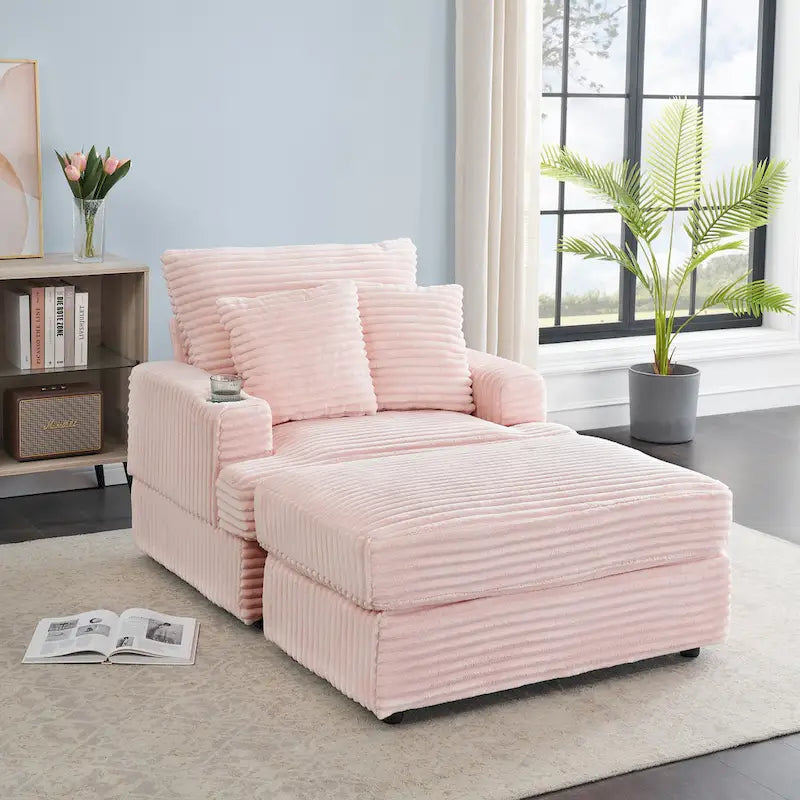 Fauteuil inclinable haut dossier en velours côtelé rose avec pouf et porte-gobelets, 1 place