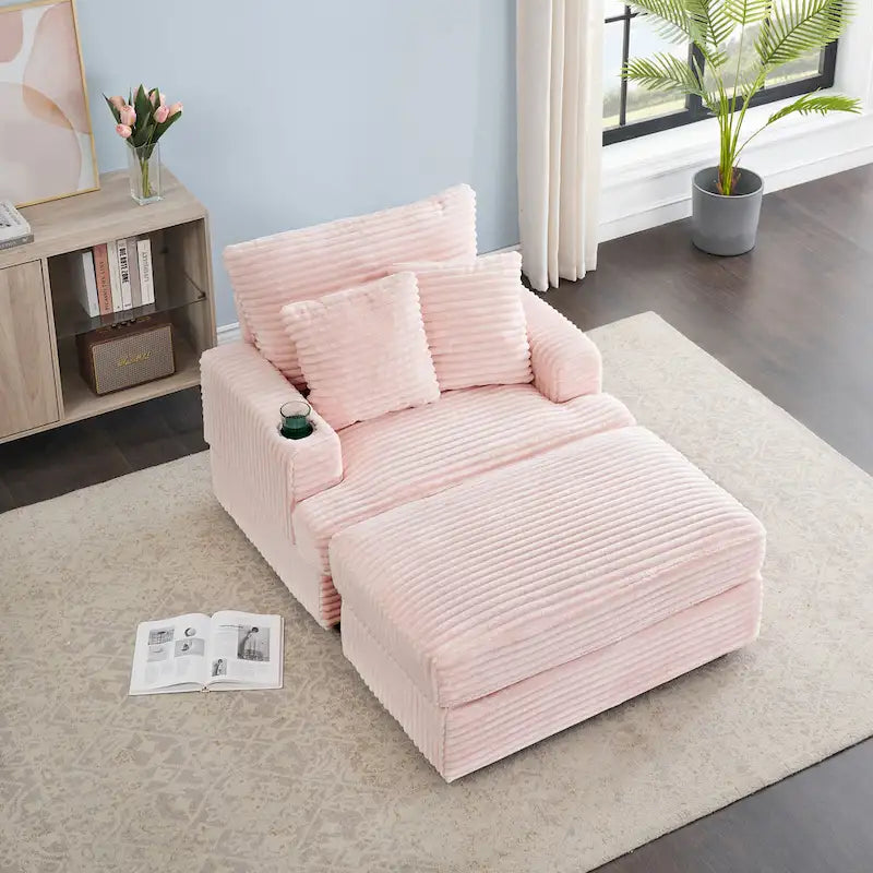 Fauteuil inclinable haut dossier en velours côtelé rose avec pouf et porte-gobelets, 1 place