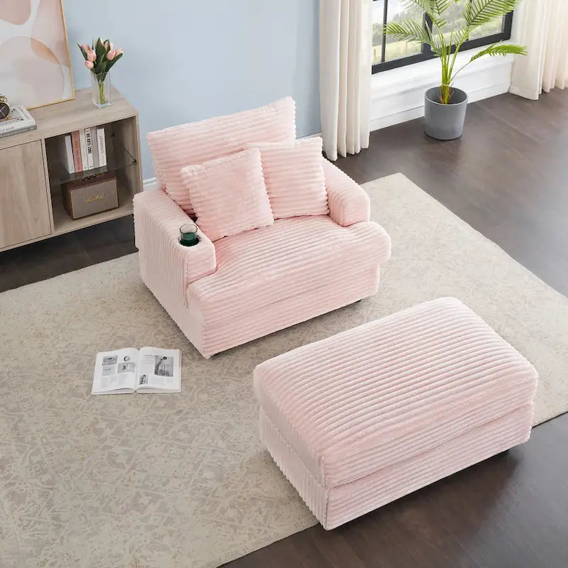 Fauteuil inclinable haut dossier en velours côtelé rose avec pouf et porte-gobelets, 1 place
