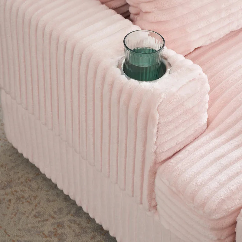 Fauteuil inclinable haut dossier en velours côtelé rose avec pouf et porte-gobelets, 1 place