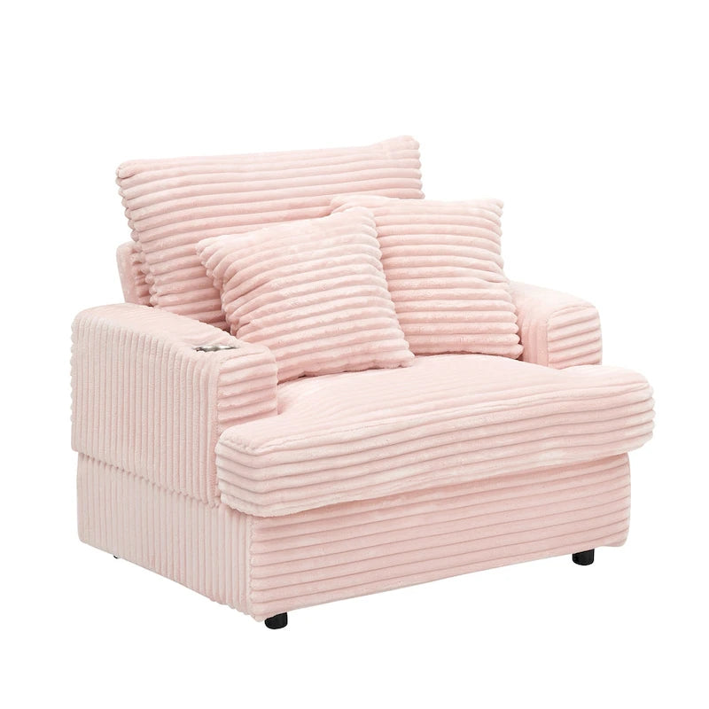 Fauteuil inclinable haut dossier en velours côtelé rose avec pouf et porte-gobelets, 1 place