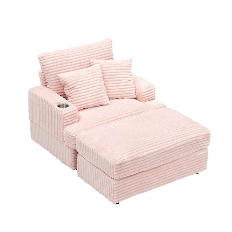 Fauteuil inclinable haut dossier en velours côtelé rose avec pouf et porte-gobelets, 1 place