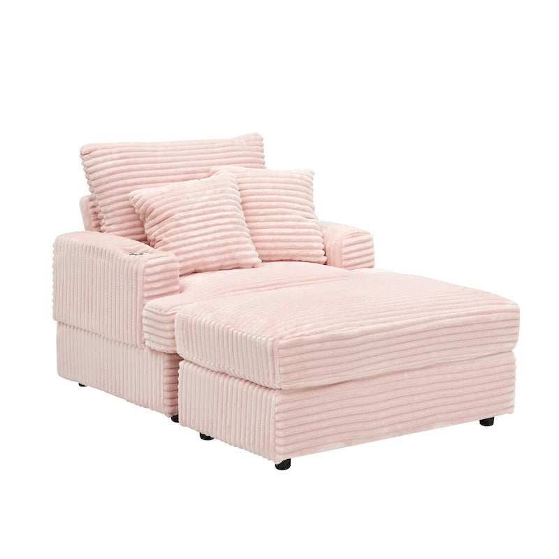 Fauteuil inclinable haut dossier en velours côtelé rose avec pouf et porte-gobelets, 1 place