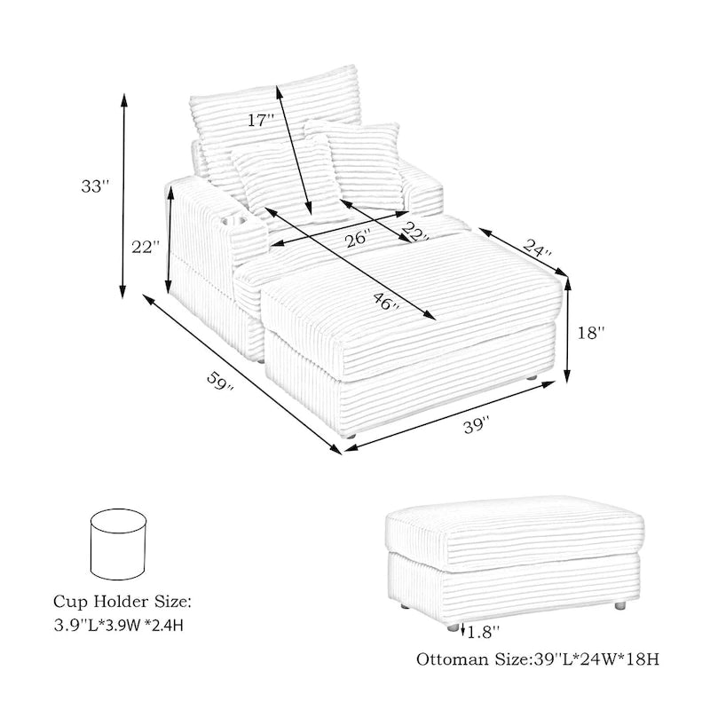 Fauteuil inclinable haut dossier en velours côtelé rose avec pouf et porte-gobelets, 1 place