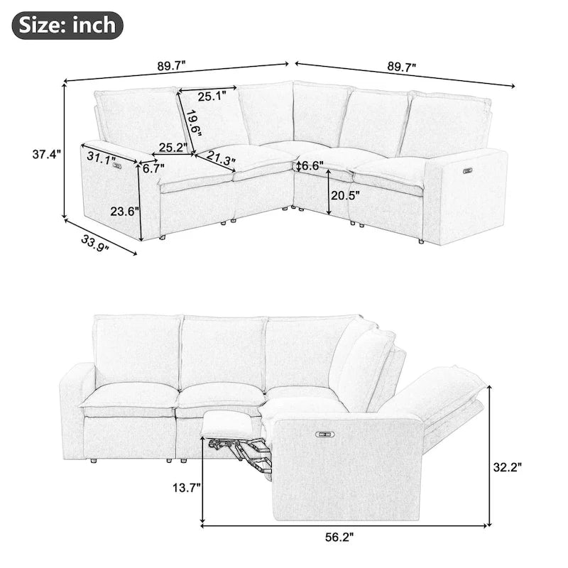 Fauteuil inclinable électrique beige/gris avec port USB et positions infinies, 1 place