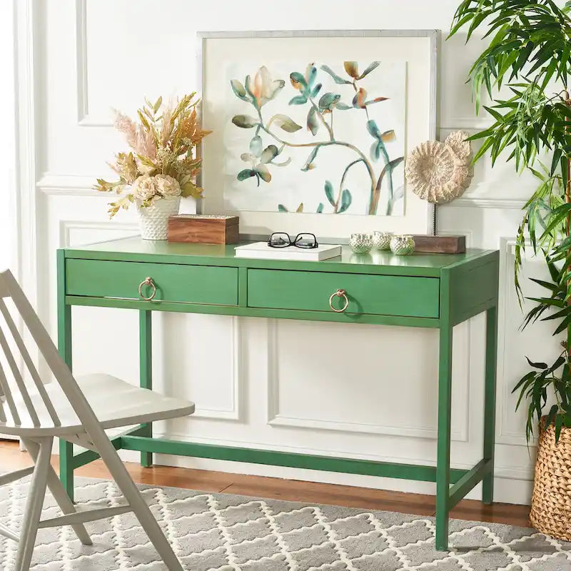 Bureau de travail moderne 2 tiroirs gris/turquoise/blanc antique/bleu marine avec grande surface de travail et grand dégagement pour les jambes, pour 1 personne