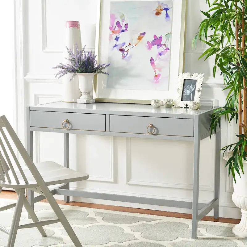 Bureau de travail moderne 2 tiroirs gris/turquoise/blanc antique/bleu marine avec grande surface de travail et grand dégagement pour les jambes, pour 1 personne