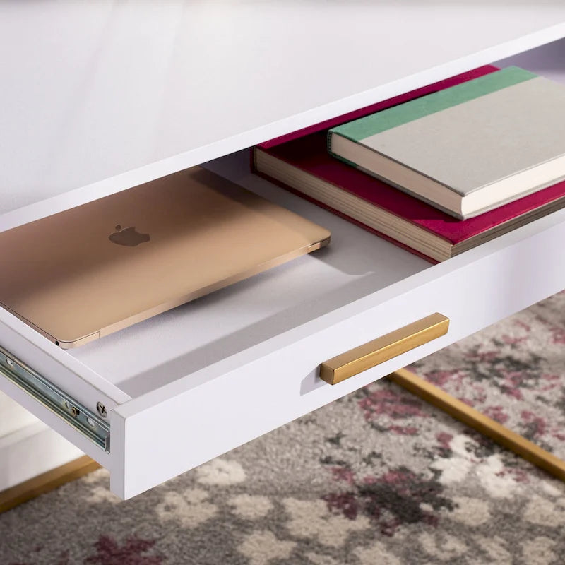 Console-bureau contemporaine glamour 1 tiroir blanc/or avec plateau en bois blanc et cadre en métal doré, pour 1 personne