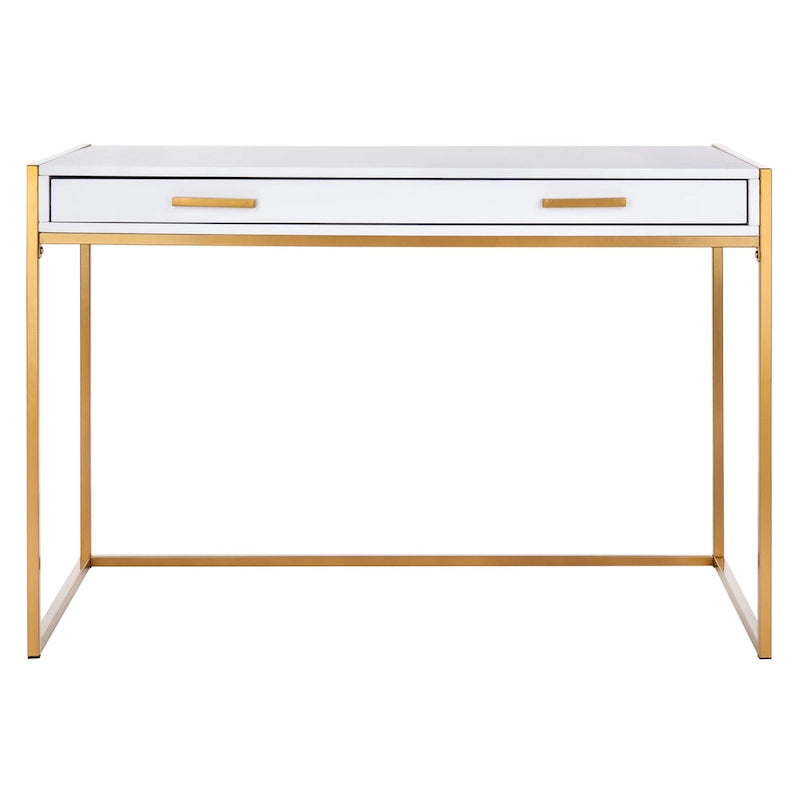 Console-bureau contemporaine glamour 1 tiroir blanc/or avec plateau en bois blanc et cadre en métal doré, pour 1 personne