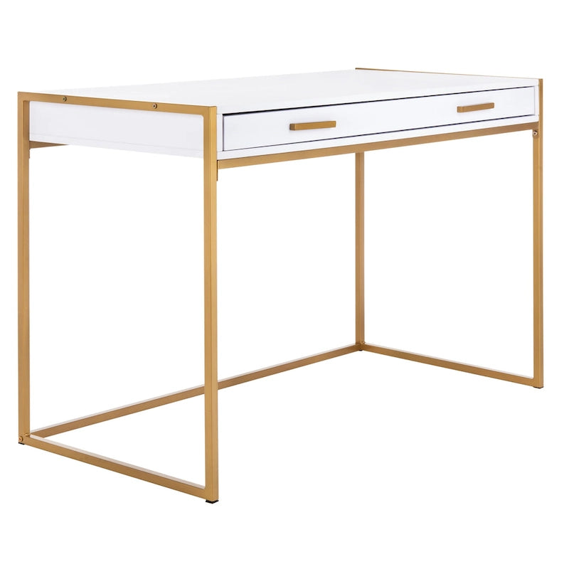 Console-bureau contemporaine glamour 1 tiroir blanc/or avec plateau en bois blanc et cadre en métal doré, pour 1 personne
