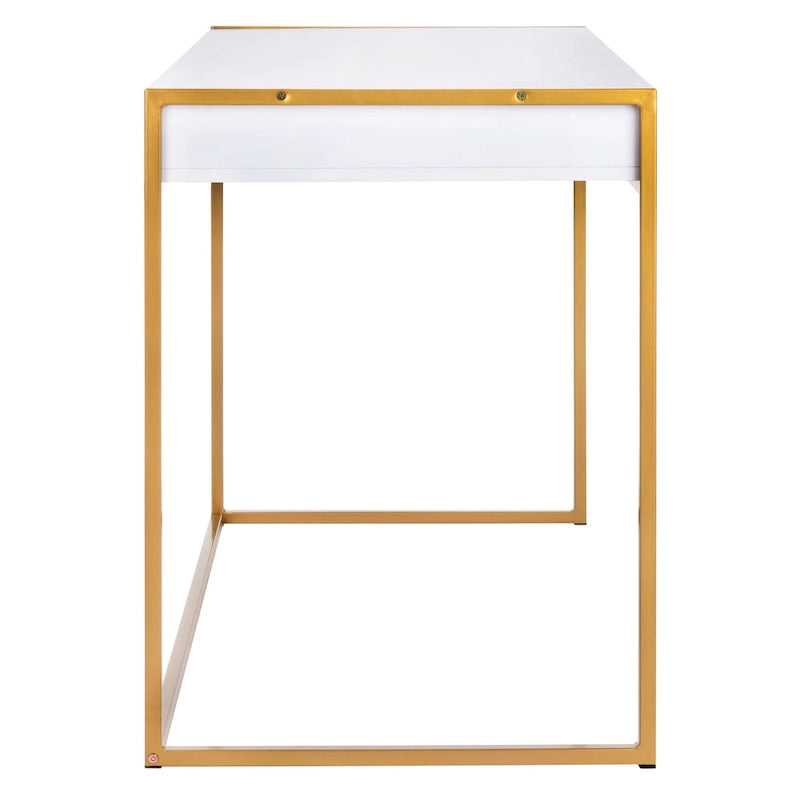 Console-bureau contemporaine glamour 1 tiroir blanc/or avec plateau en bois blanc et cadre en métal doré, pour 1 personne