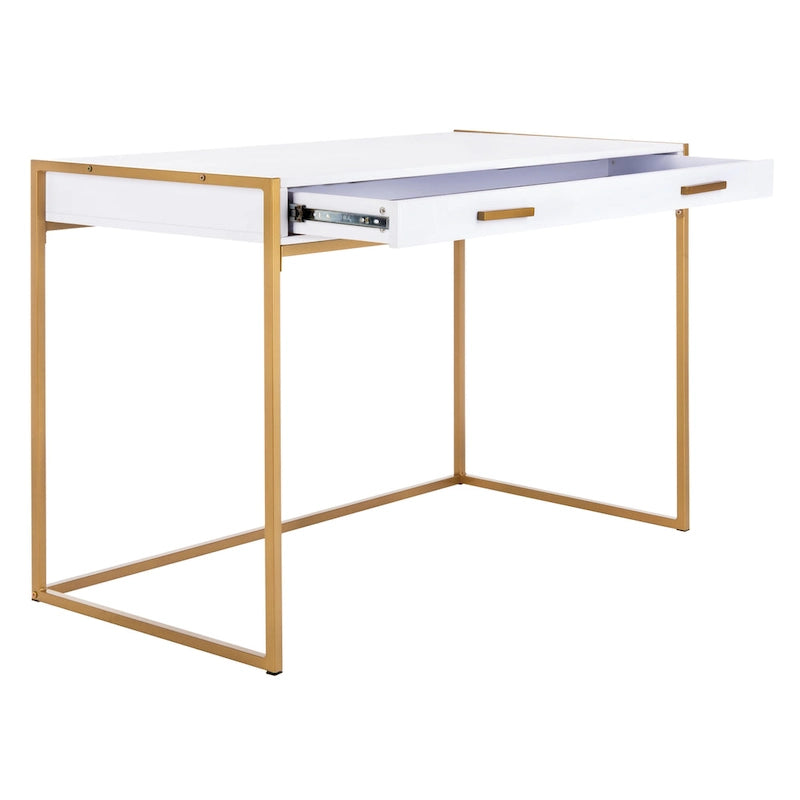 Console-bureau contemporaine glamour 1 tiroir blanc/or avec plateau en bois blanc et cadre en métal doré, pour 1 personne
