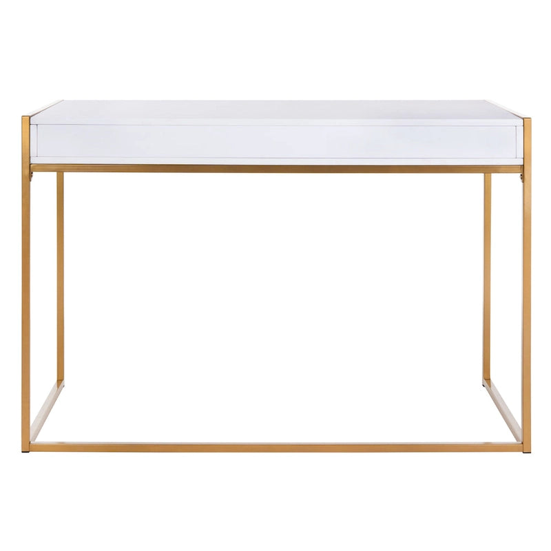Console-bureau contemporaine glamour 1 tiroir blanc/or avec plateau en bois blanc et cadre en métal doré, pour 1 personne