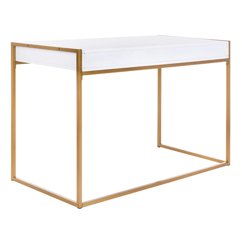 Console-bureau contemporaine glamour 1 tiroir blanc/or avec plateau en bois blanc et cadre en métal doré, pour 1 personne
