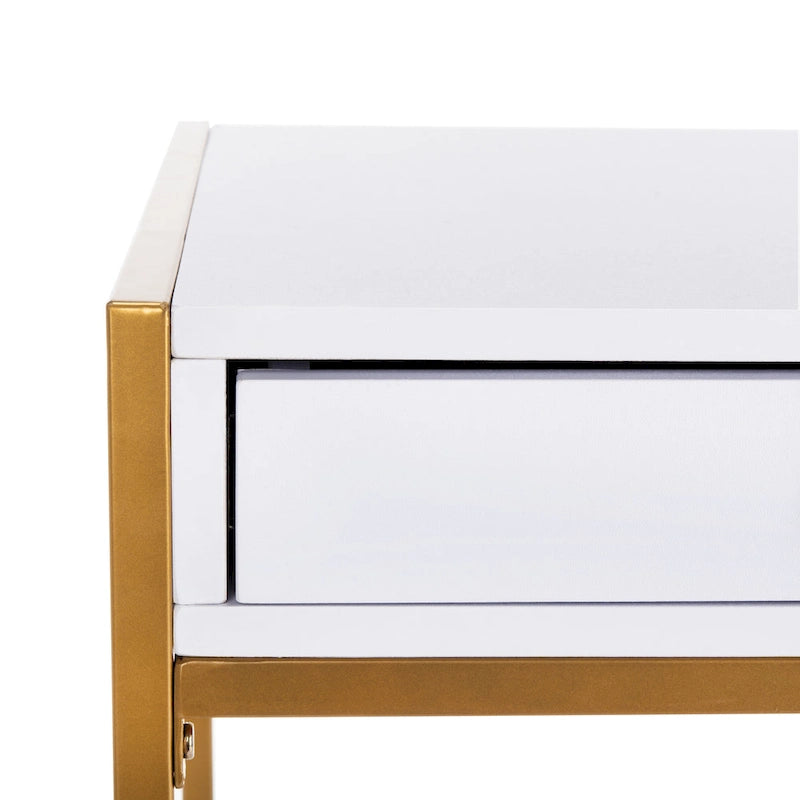Console-bureau contemporaine glamour 1 tiroir blanc/or avec plateau en bois blanc et cadre en métal doré, pour 1 personne