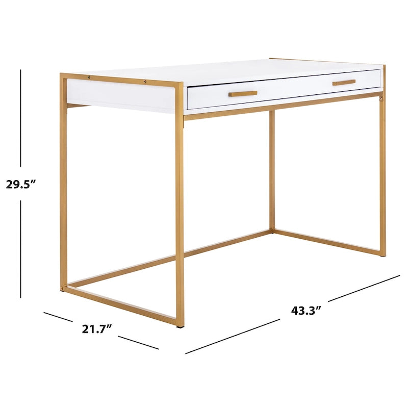 Console-bureau contemporaine glamour 1 tiroir blanc/or avec plateau en bois blanc et cadre en métal doré, pour 1 personne