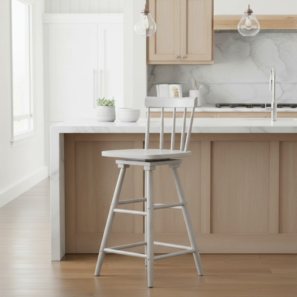 Tabouret de comptoir pivotant gris style Windsor, design de ferme moderne, pour 1 personne