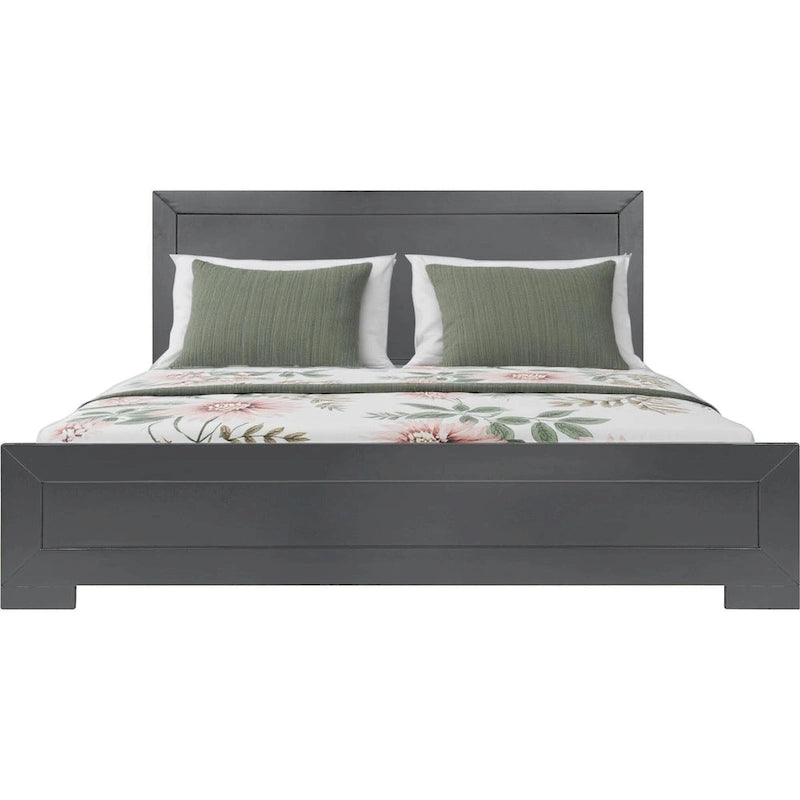 Cadre de lit en bois gris format Queen avec tête de lit à panneaux incrustés et 12 lattes, pour 2 personnes