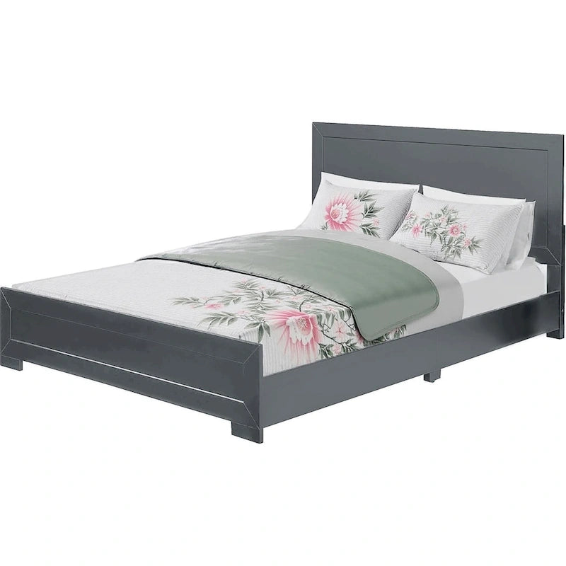 Cadre de lit en bois gris format Queen avec tête de lit à panneaux incrustés et 12 lattes, pour 2 personnes