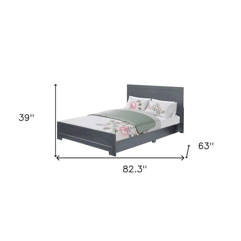 Cadre de lit en bois gris format Queen avec tête de lit à panneaux incrustés et 12 lattes, pour 2 personnes