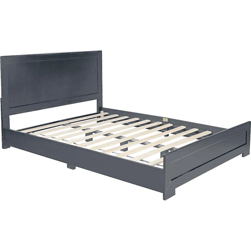 Cadre de lit en bois gris format Queen avec tête de lit à panneaux incrustés et 12 lattes, pour 2 personnes