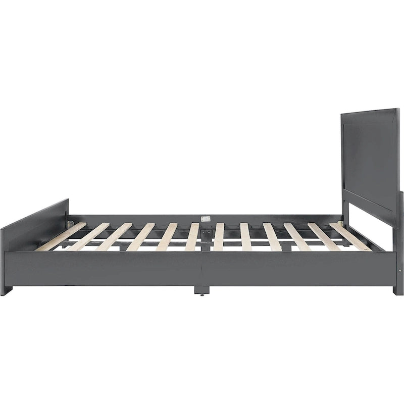 Cadre de lit en bois gris format Queen avec tête de lit à panneaux incrustés et 12 lattes, pour 2 personnes