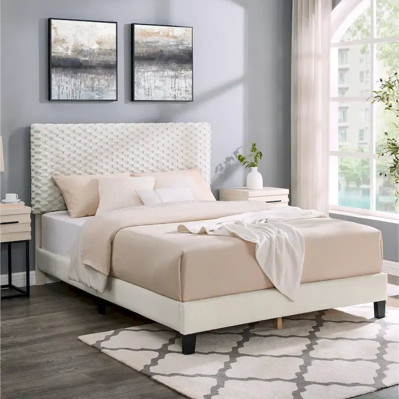 Lit plateforme 3D rembourré blanc cassé avec tête de lit réglable, taille complète, 2 places