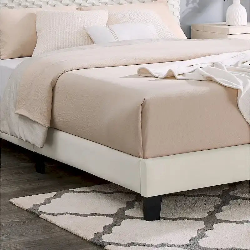 Lit plateforme 3D rembourré blanc cassé avec tête de lit réglable, taille complète, 2 places