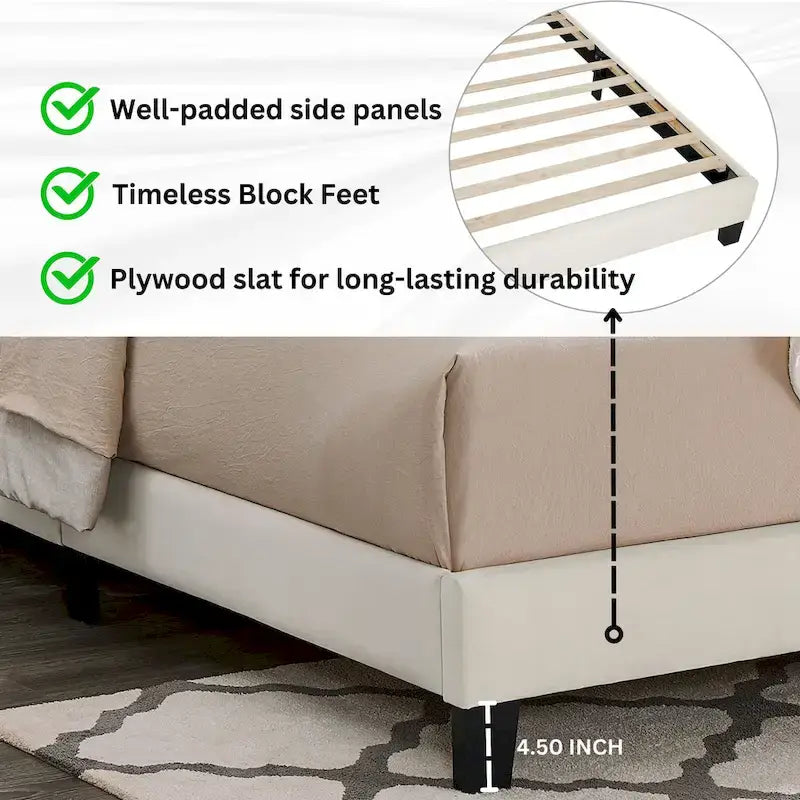 Lit plateforme 3D rembourré blanc cassé avec tête de lit réglable, taille complète, 2 places