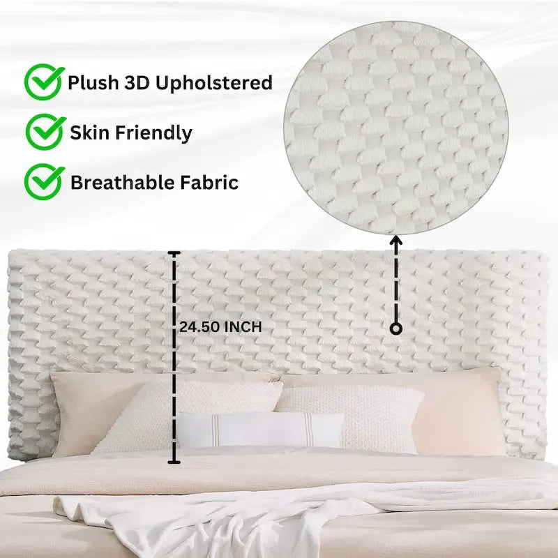 Lit plateforme 3D rembourré blanc cassé avec tête de lit réglable, taille complète, 2 places