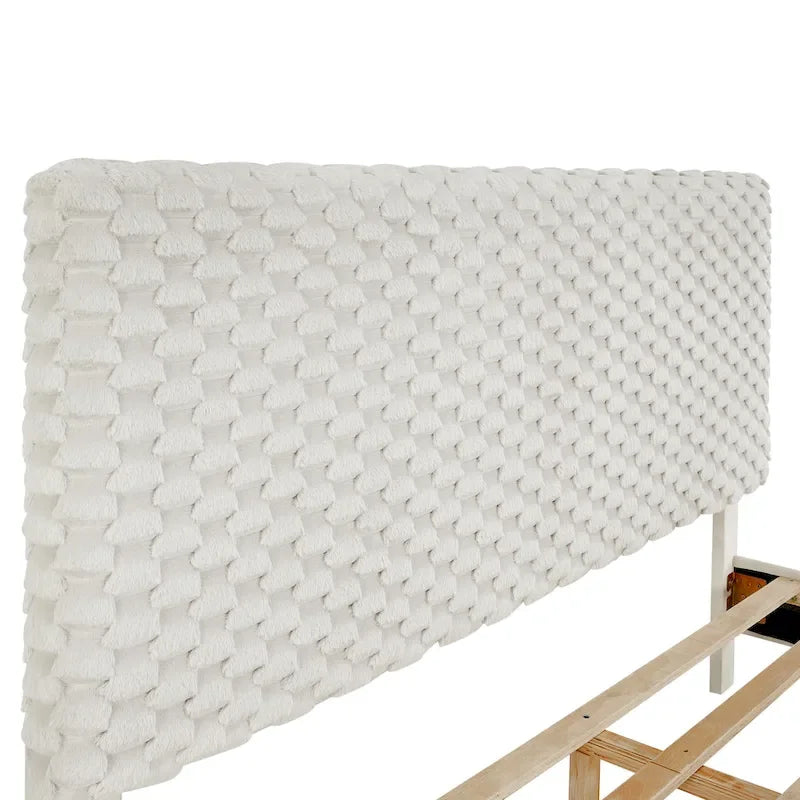 Lit plateforme 3D rembourré blanc cassé avec tête de lit réglable, taille complète, 2 places