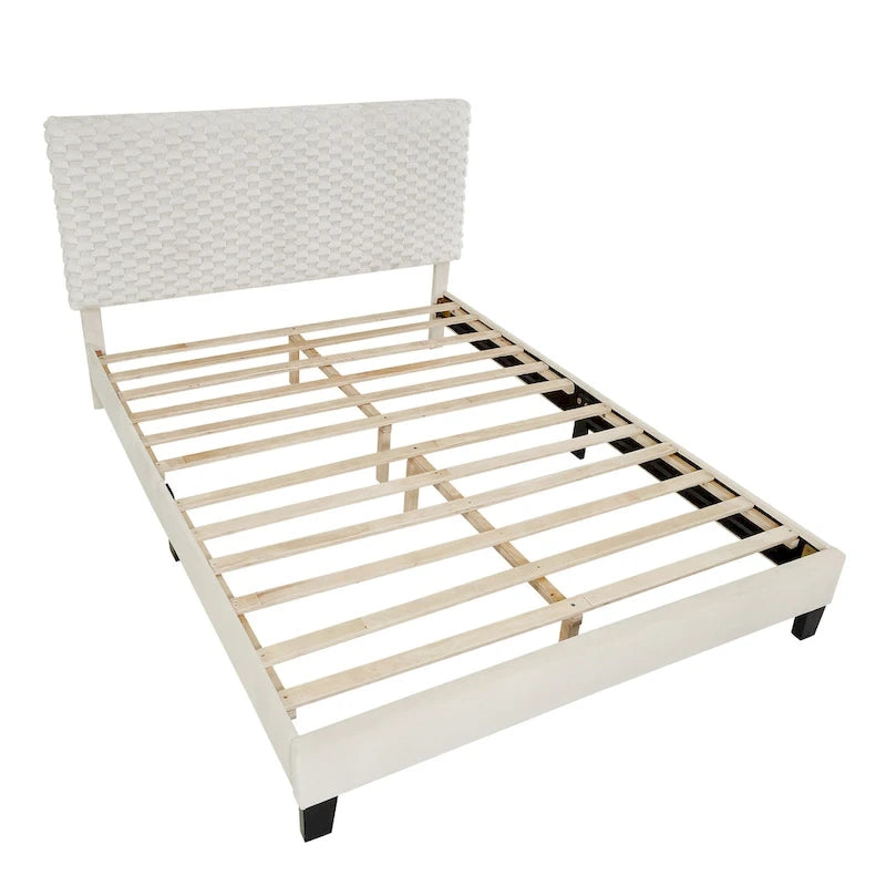 Lit plateforme 3D rembourré blanc cassé avec tête de lit réglable, taille complète, 2 places