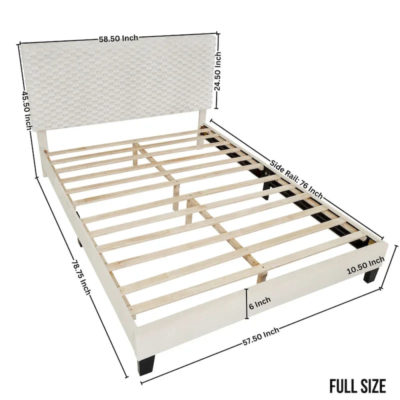 Lit plateforme 3D rembourré blanc cassé avec tête de lit réglable, taille complète, 2 places