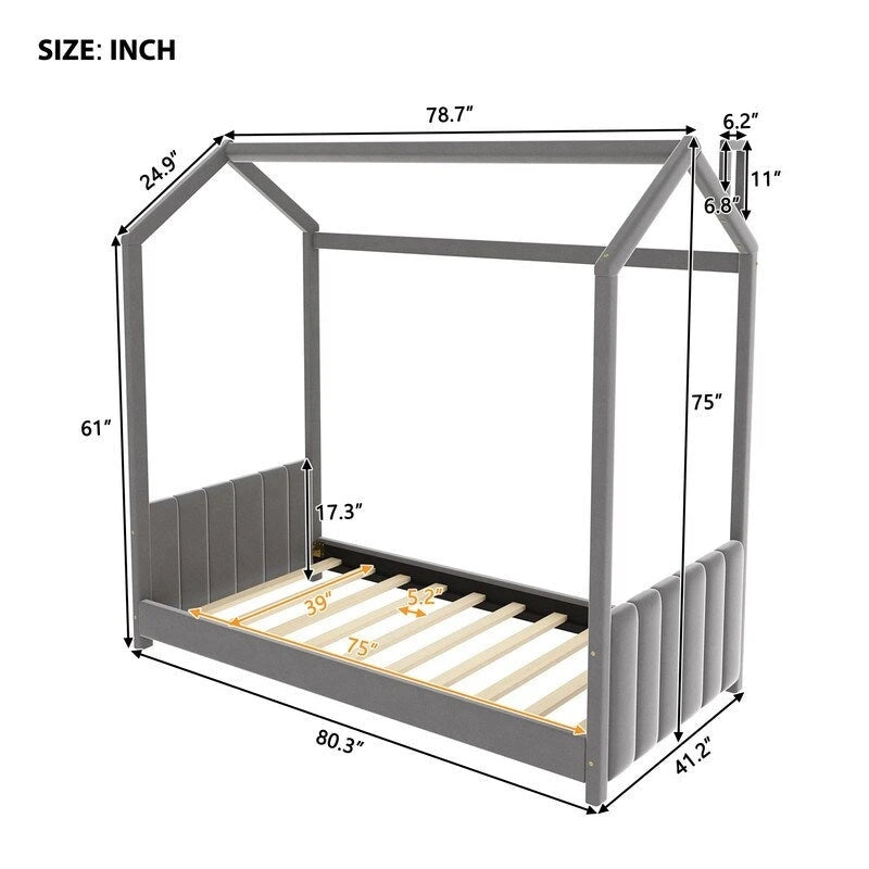 Lit cabane au sol simple en velours beige/gris avec toit et tête de lit rayée, pour 1 enfant