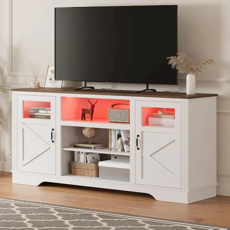Meuble TV de ferme blanc/gris/noir avec bande lumineuse LED, 9 compartiments de rangement et garniture en verre, convient aux téléviseurs jusqu'à 65 pouces