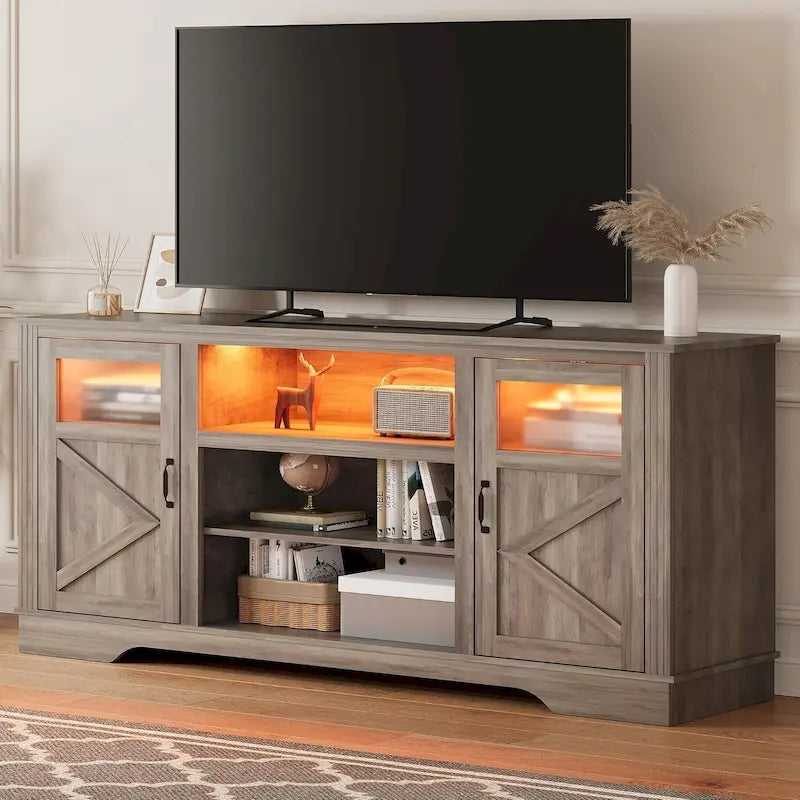 Meuble TV de ferme blanc/gris/noir avec bande lumineuse LED, 9 compartiments de rangement et garniture en verre, convient aux téléviseurs jusqu'à 65 pouces