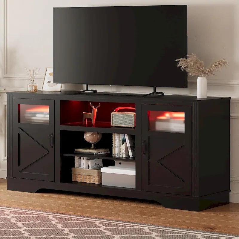 Meuble TV de ferme blanc/gris/noir avec bande lumineuse LED, 9 compartiments de rangement et garniture en verre, convient aux téléviseurs jusqu'à 65 pouces