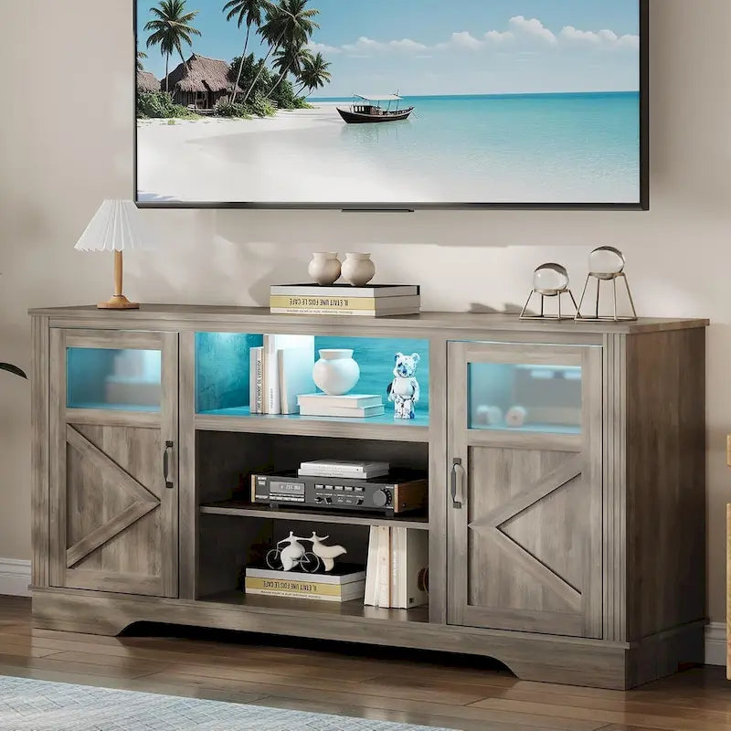 Meuble TV de ferme blanc/gris/noir avec bande lumineuse LED, 9 compartiments de rangement et garniture en verre, convient aux téléviseurs jusqu'à 65 pouces