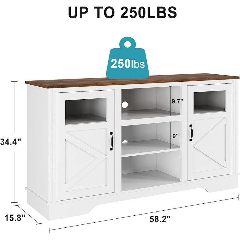 Meuble TV de ferme blanc/gris/noir avec bande lumineuse LED, 9 compartiments de rangement et garniture en verre, convient aux téléviseurs jusqu'à 65 pouces