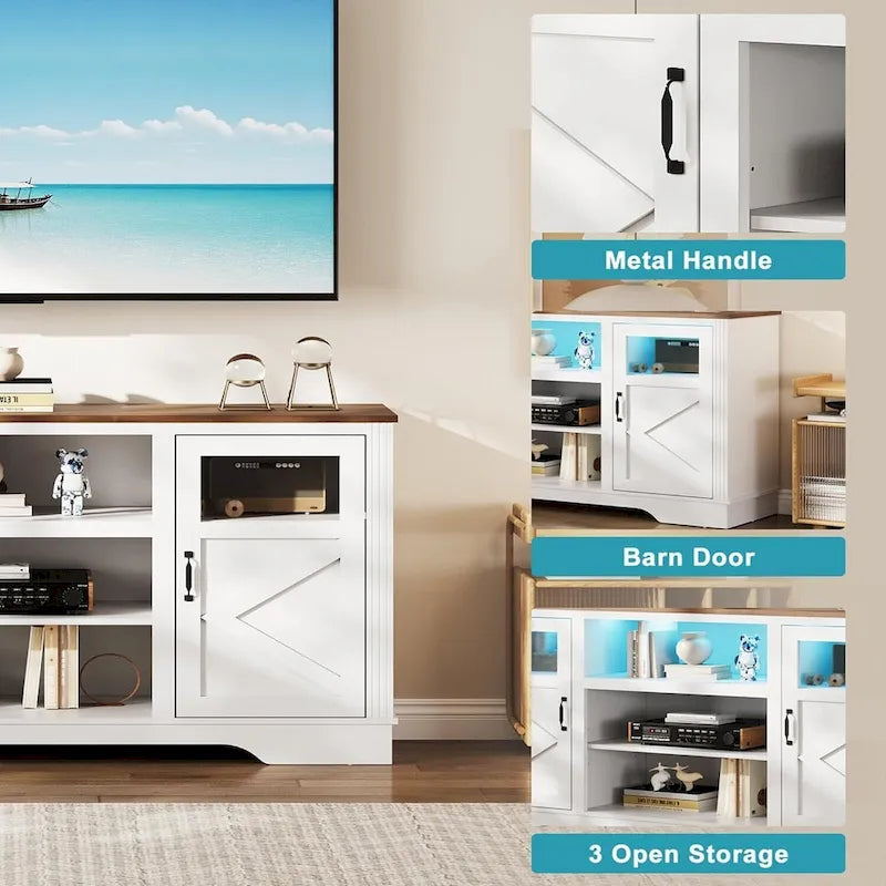 Meuble TV de ferme blanc/gris/noir avec bande lumineuse LED, 9 compartiments de rangement et garniture en verre, convient aux téléviseurs jusqu'à 65 pouces