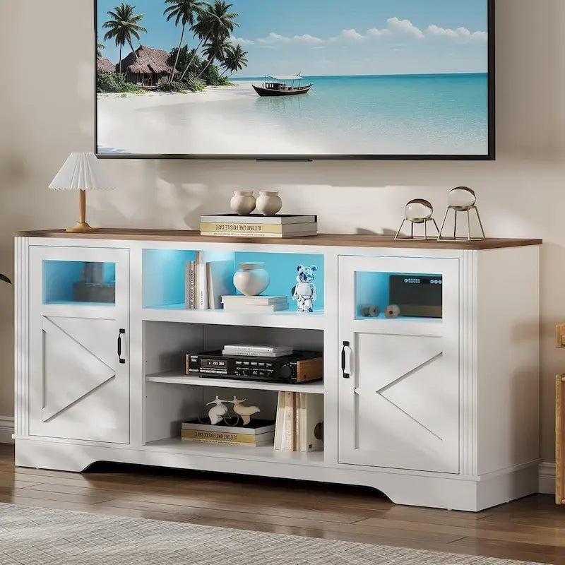 Meuble TV de ferme blanc/gris/noir avec bande lumineuse LED, 9 compartiments de rangement et garniture en verre, convient aux téléviseurs jusqu'à 65 pouces
