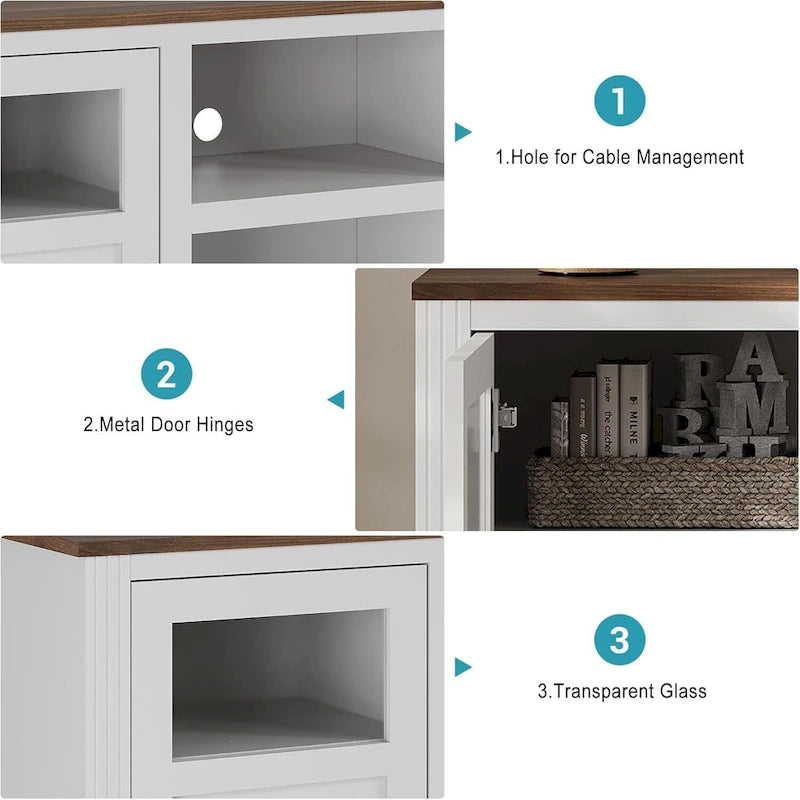 Meuble TV de ferme blanc/gris/noir avec bande lumineuse LED, 9 compartiments de rangement et garniture en verre, convient aux téléviseurs jusqu'à 65 pouces