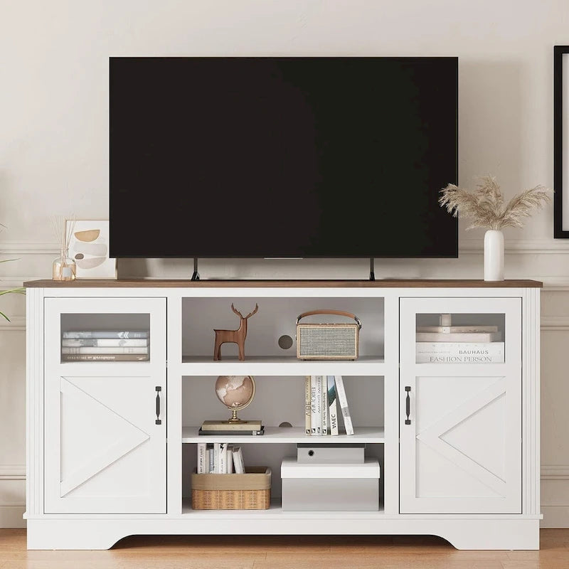Meuble TV de ferme blanc/gris/noir avec bande lumineuse LED, 9 compartiments de rangement et garniture en verre, convient aux téléviseurs jusqu'à 65 pouces