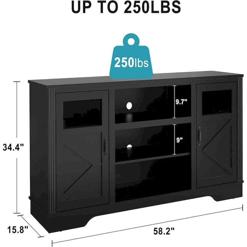 Meuble TV de ferme blanc/gris/noir avec bande lumineuse LED, 9 compartiments de rangement et garniture en verre, convient aux téléviseurs jusqu'à 65 pouces