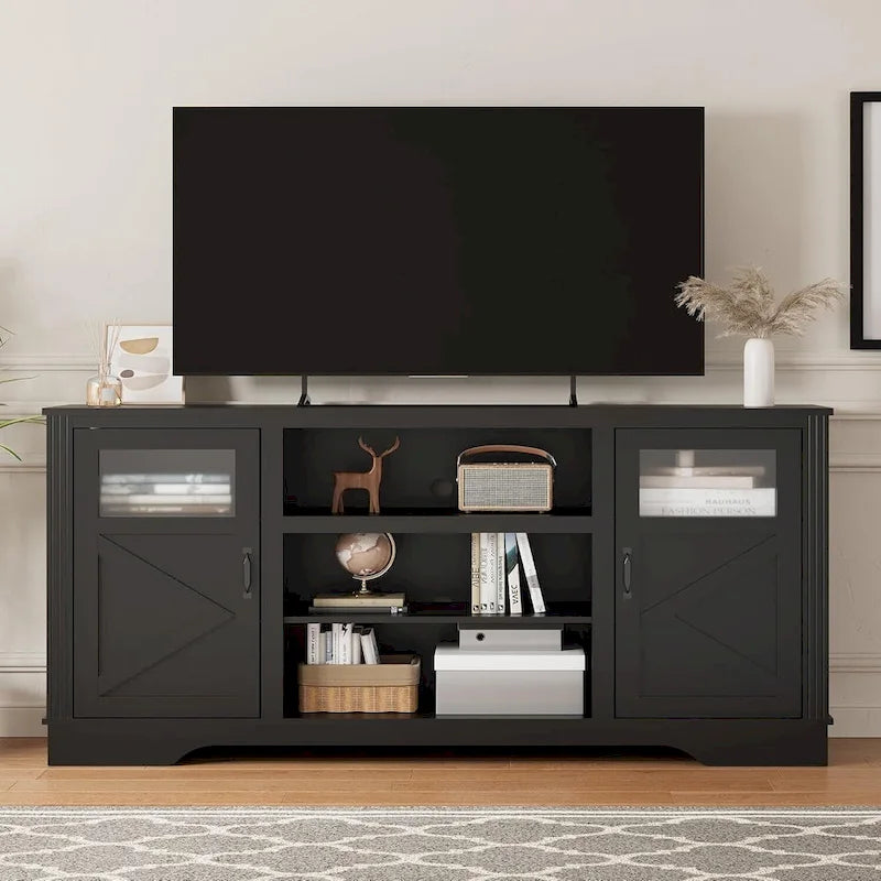 Meuble TV de ferme blanc/gris/noir avec bande lumineuse LED, 9 compartiments de rangement et garniture en verre, convient aux téléviseurs jusqu'à 65 pouces