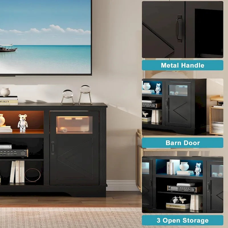 Meuble TV de ferme blanc/gris/noir avec bande lumineuse LED, 9 compartiments de rangement et garniture en verre, convient aux téléviseurs jusqu'à 65 pouces