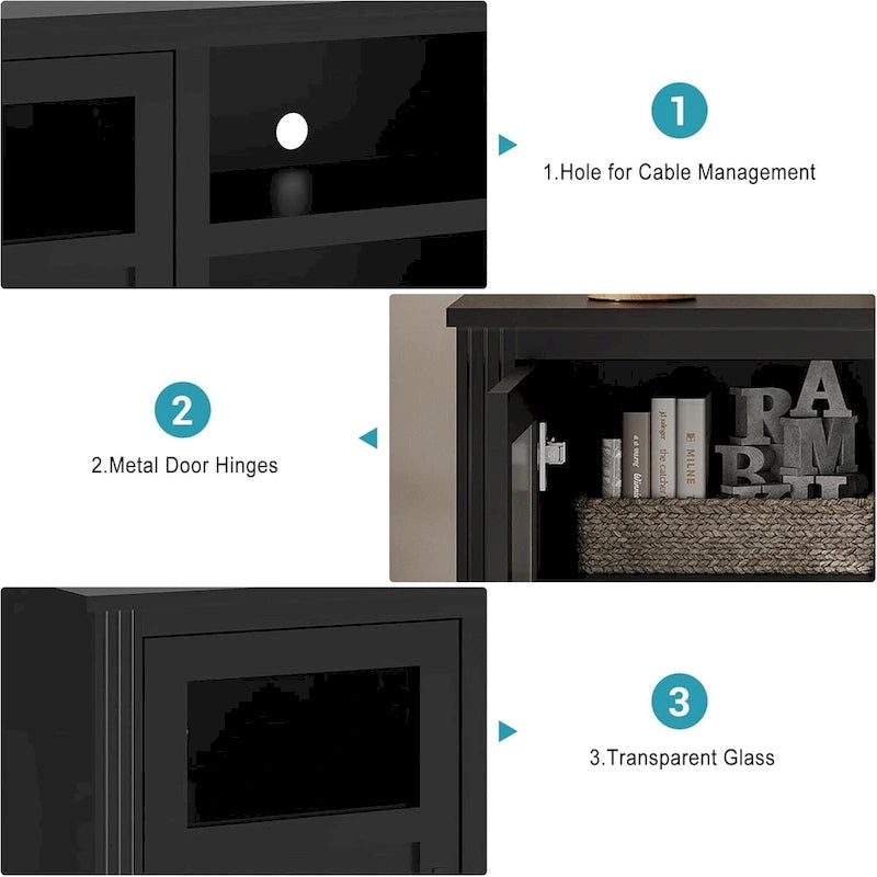 Meuble TV de ferme blanc/gris/noir avec bande lumineuse LED, 9 compartiments de rangement et garniture en verre, convient aux téléviseurs jusqu'à 65 pouces
