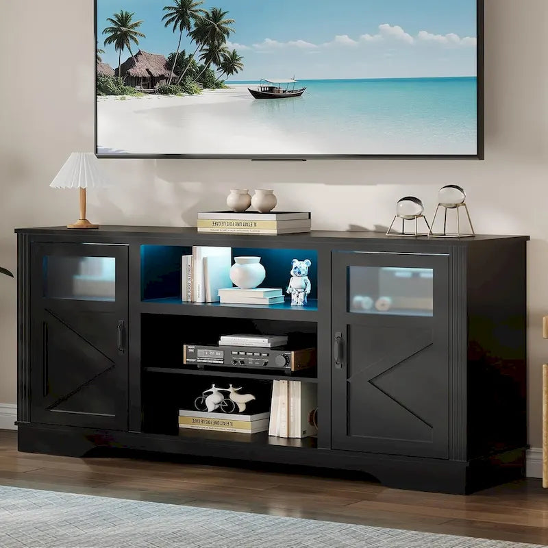 Meuble TV de ferme blanc/gris/noir avec bande lumineuse LED, 9 compartiments de rangement et garniture en verre, convient aux téléviseurs jusqu'à 65 pouces
