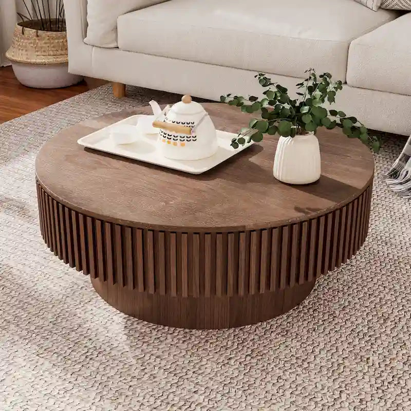 Table basse ronde cannelée Noyer/Naturel/Noir avec rangement dissimulé et placage en bois, 2 tailles